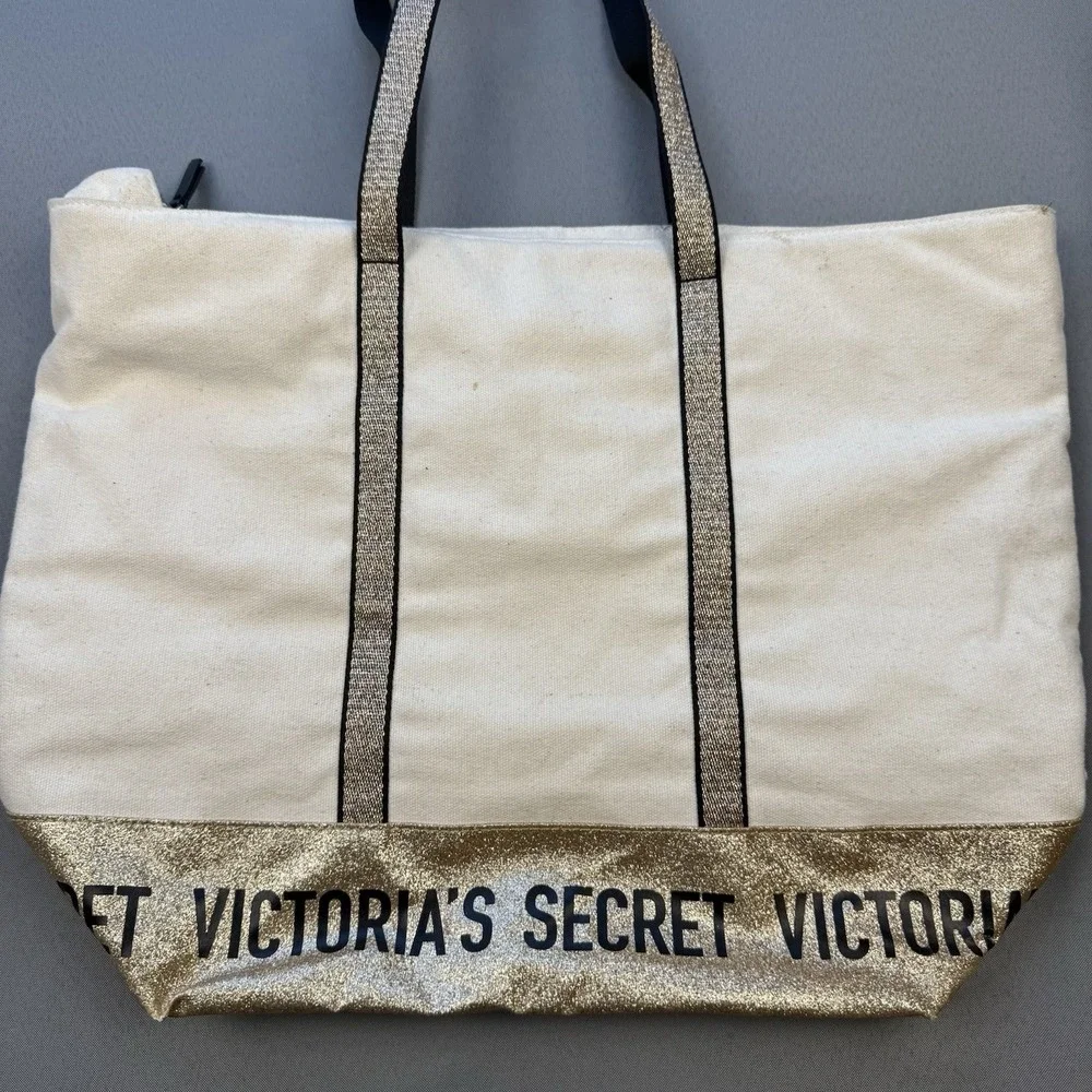 Victoria's Secret Canvas GOLD GLITTER‎ Tote Bag Zip Closure EUC
